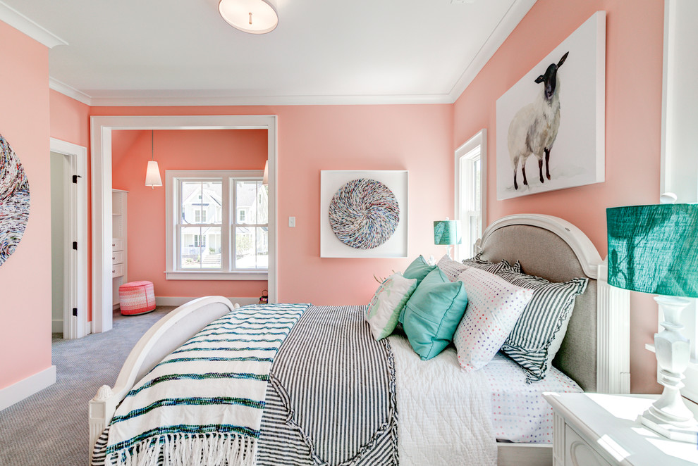 This is an example of a large farmhouse guest and grey and pink bedroom in Richmond with pink walls, carpet and grey floors.