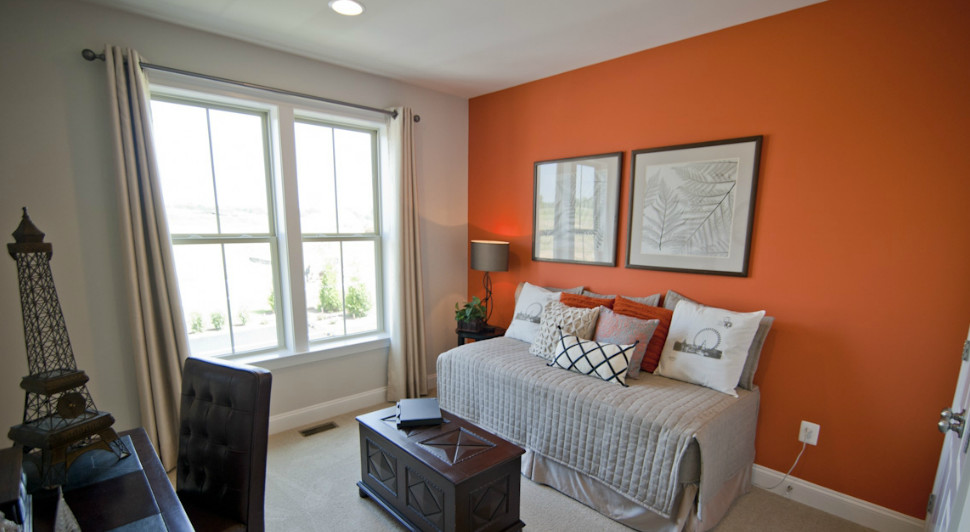 Свежая идея для дизайна: гостевая спальня (комната для гостей) с оранжевыми стенами и ковровым покрытием - отличное фото интерьера