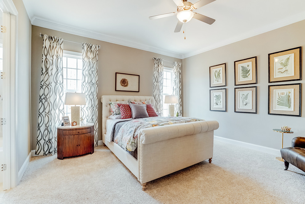 Inspiration for a large classic master bedroom in Richmond with beige walls, carpet, no fireplace, beige floors and feature lighting.