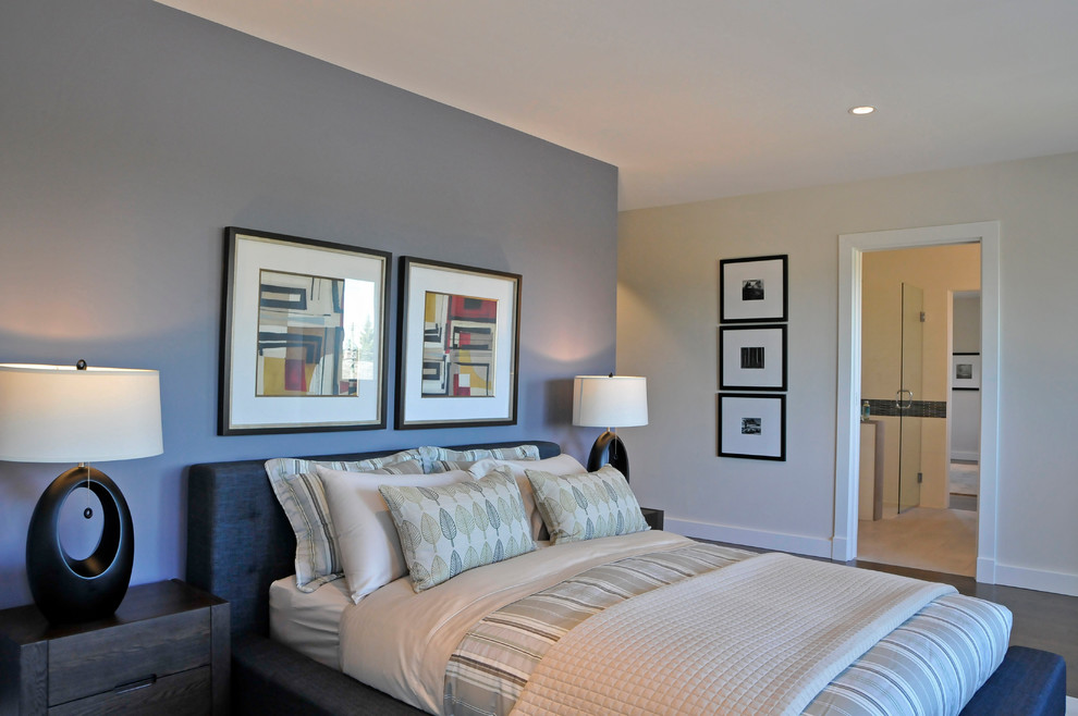 Diseño de dormitorio principal minimalista de tamaño medio con paredes azules