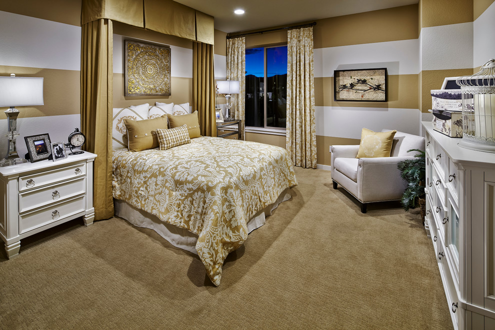 Example of a classic carpeted bedroom design in Denver with multicolored walls