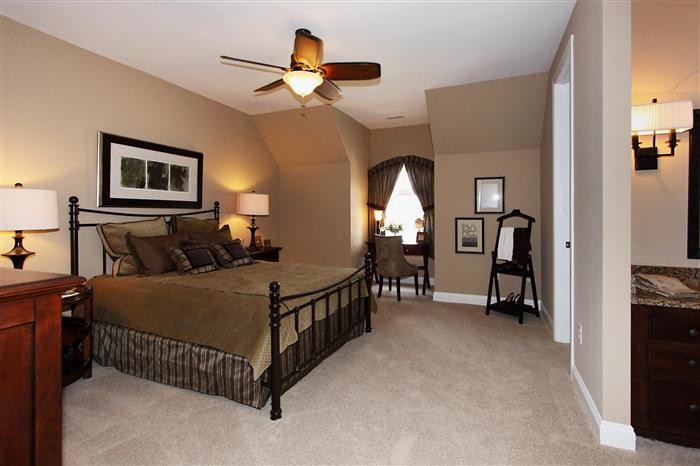 Large contemporary guest bedroom in St Louis with brown walls and carpet.