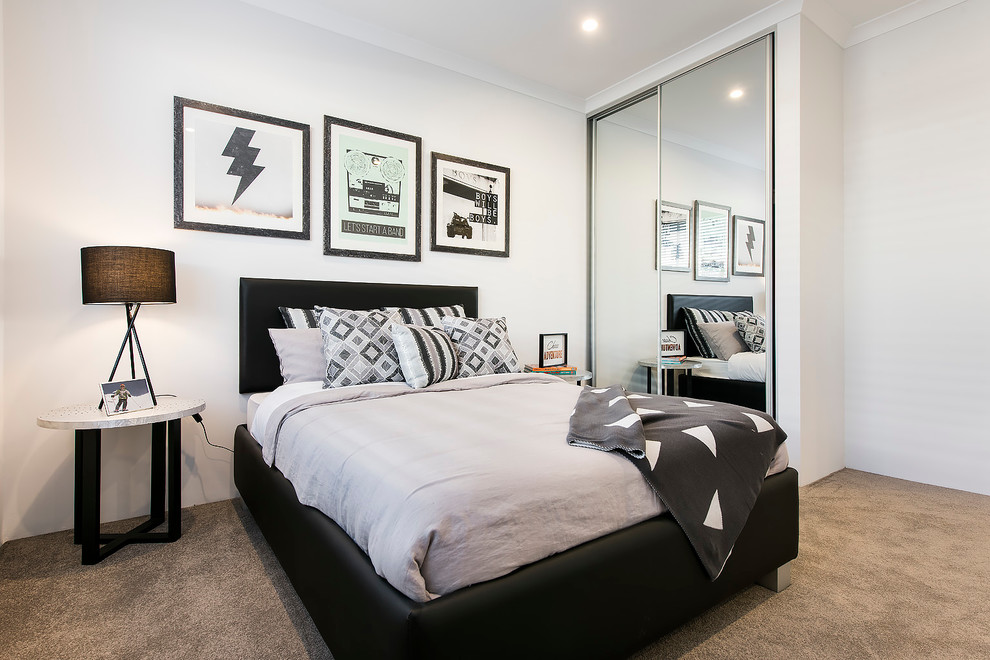 Bedroom - coastal carpeted bedroom idea in Perth with white walls