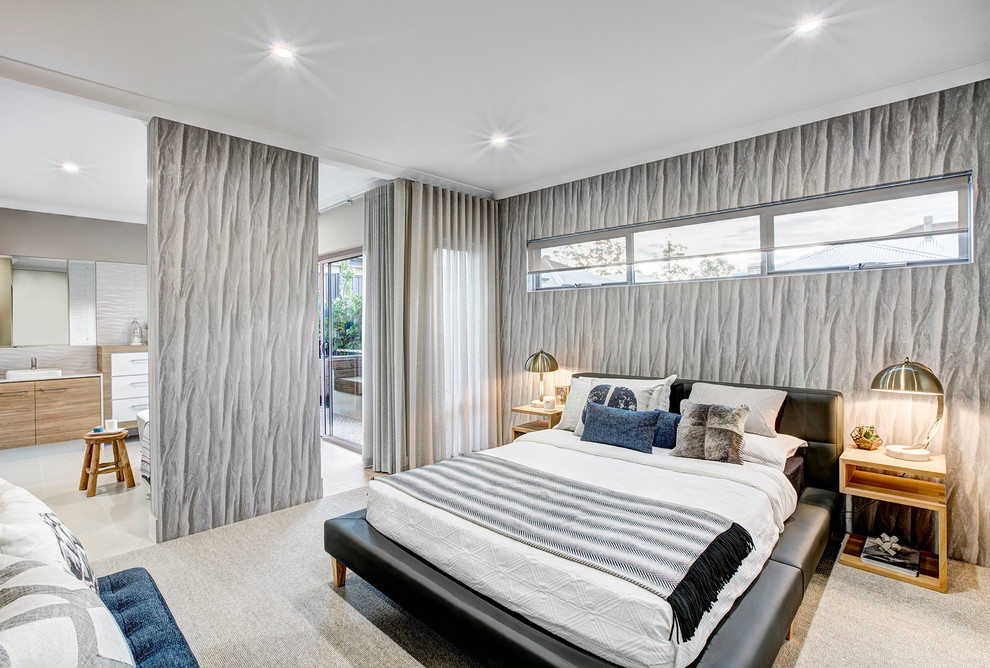 This is an example of a large contemporary master bedroom in Perth with carpet.
