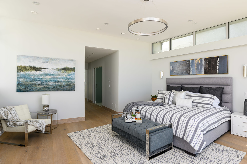 Imagen de dormitorio contemporáneo con paredes blancas, suelo de madera en tonos medios y suelo marrón