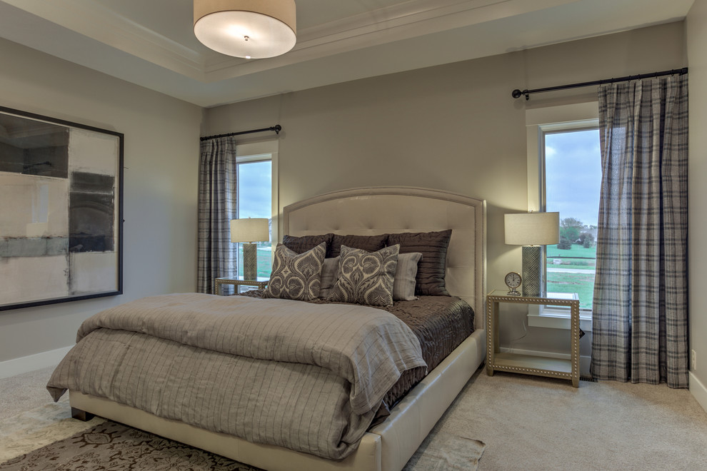 Photo of a medium sized traditional master bedroom in Omaha with grey walls, carpet, no fireplace and grey floors.