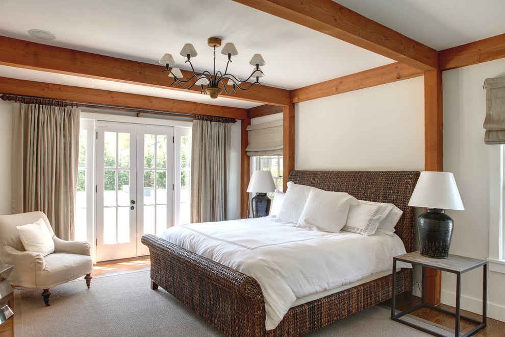 Large traditional master bedroom in Manchester with white walls, medium hardwood flooring, no fireplace, brown floors and feature lighting.