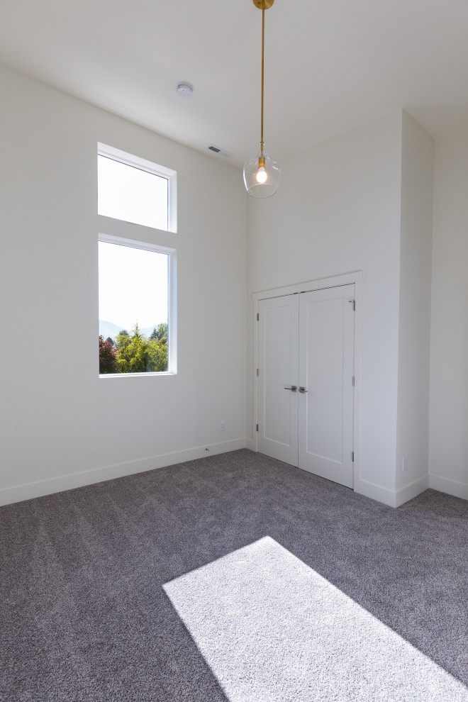 Photo of a small modern guest bedroom in Portland with white walls, carpet and grey floors.