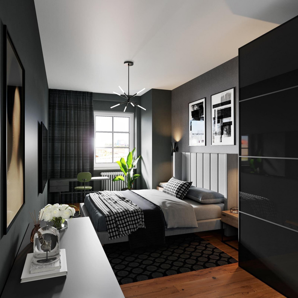 Cette image montre une petite chambre parentale design avec un mur gris, un sol en bois brun et du papier peint.
