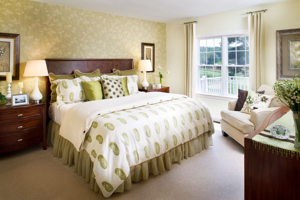 Photo of a traditional bedroom in Boston with multi-coloured walls and carpet.