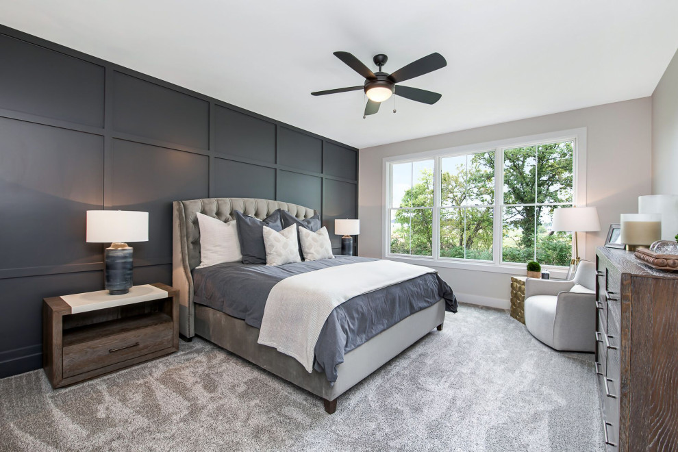 Photo of a traditional guest bedroom in Chicago with grey walls, carpet, no fireplace and grey floors.