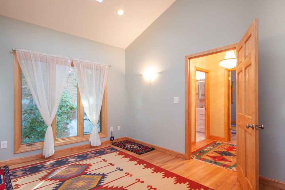 Mittelgroßes Klassisches Gästezimmer ohne Kamin mit blauer Wandfarbe und braunem Holzboden in Boston