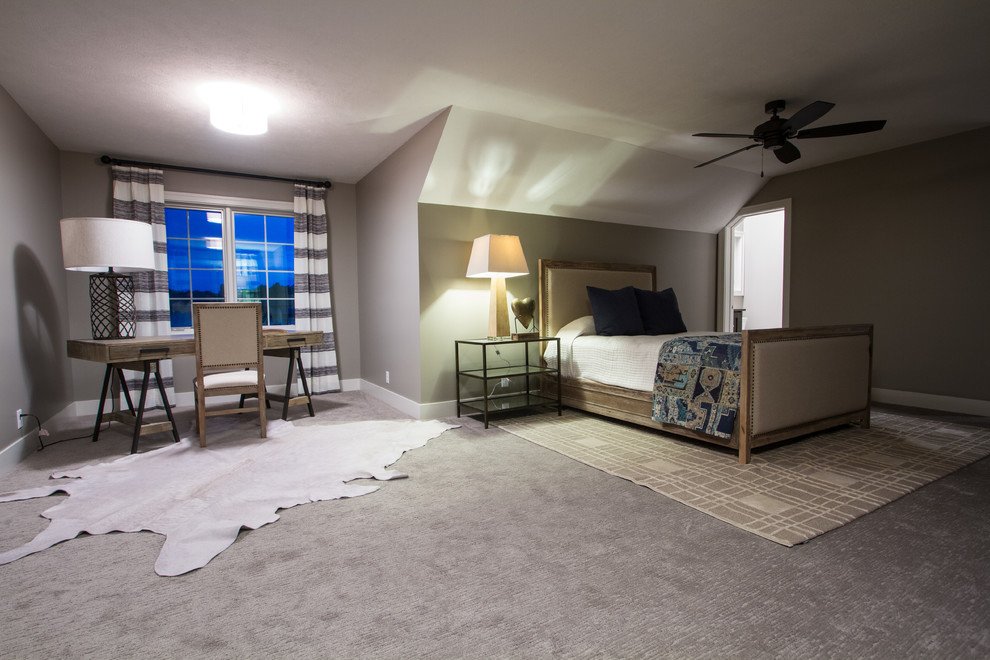 Design ideas for a medium sized classic guest bedroom in Omaha with brown walls, carpet and no fireplace.