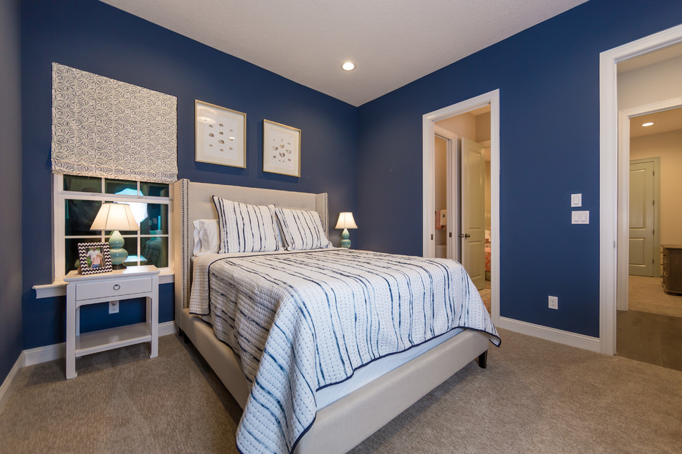 На фото: большая гостевая спальня (комната для гостей) в классическом стиле с серыми стенами и ковровым покрытием