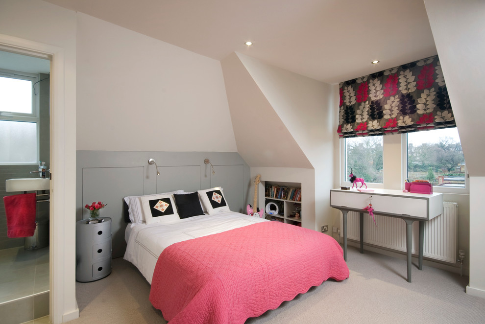 Inspiration for a contemporary grey and pink bedroom in London with white walls and carpet.