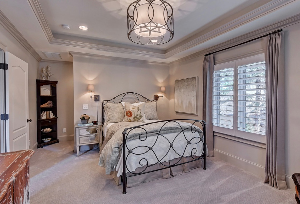 Diseño de habitación de invitados de tamaño medio sin chimenea con paredes beige, moqueta y suelo gris
