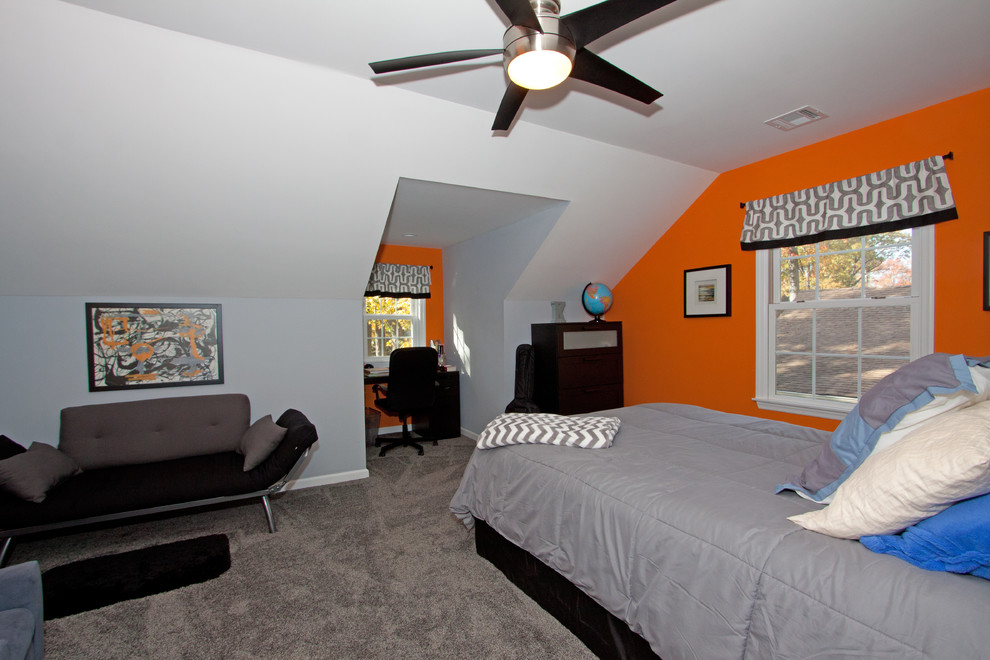 Inspiration for a timeless carpeted bedroom remodel in New York with orange walls
