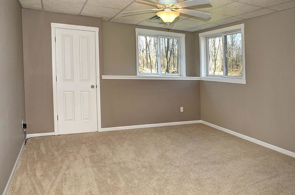 Expansive rustic guest bedroom in Milwaukee with brown walls and carpet.