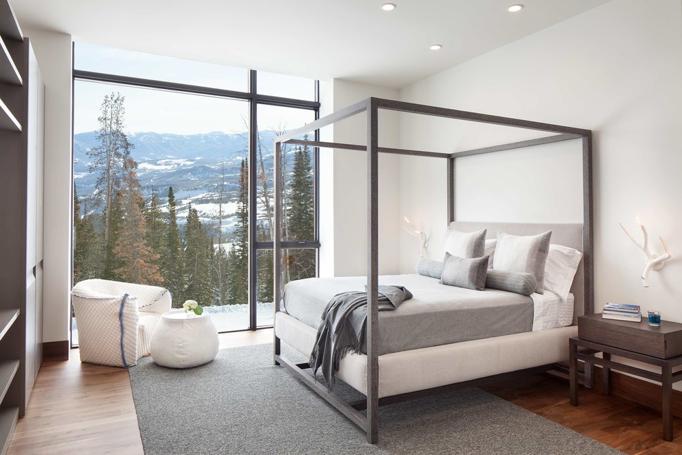 Modernes Schlafzimmer ohne Kamin mit weißer Wandfarbe, braunem Holzboden und braunem Boden in Sonstige