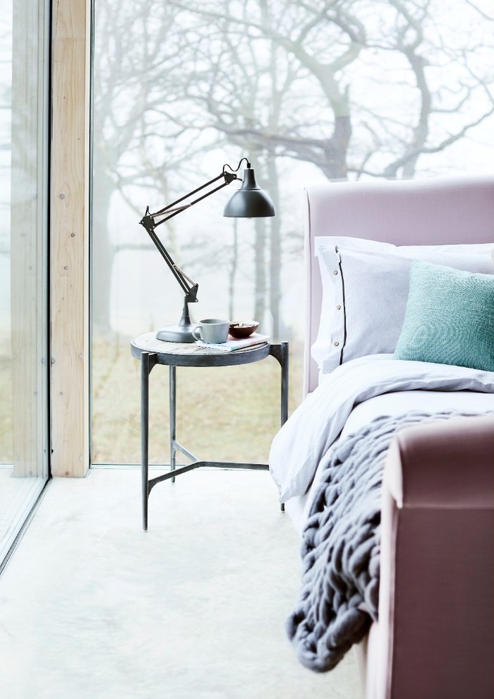 Design ideas for a scandinavian master and grey and pink bedroom in Other with grey floors.