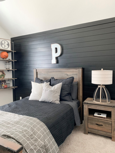 Timeless Midnight Black Shiplap in Bedroom Redesign - Country - Bedroom ...