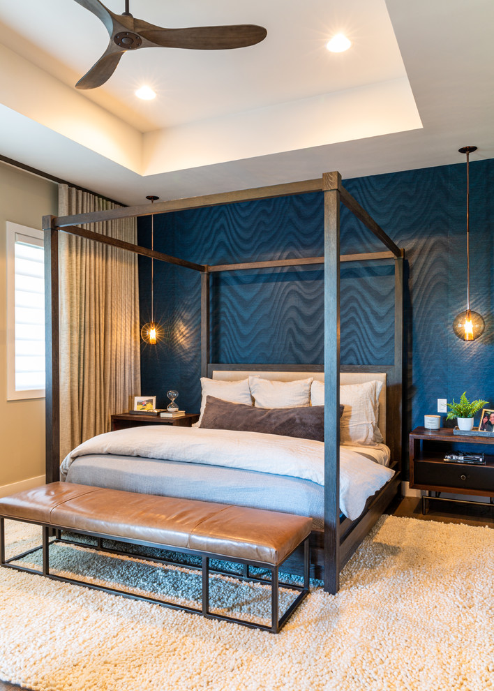 Пример оригинального дизайна: большая хозяйская спальня в стиле модернизм с серыми стенами, темным паркетным полом и коричневым полом
