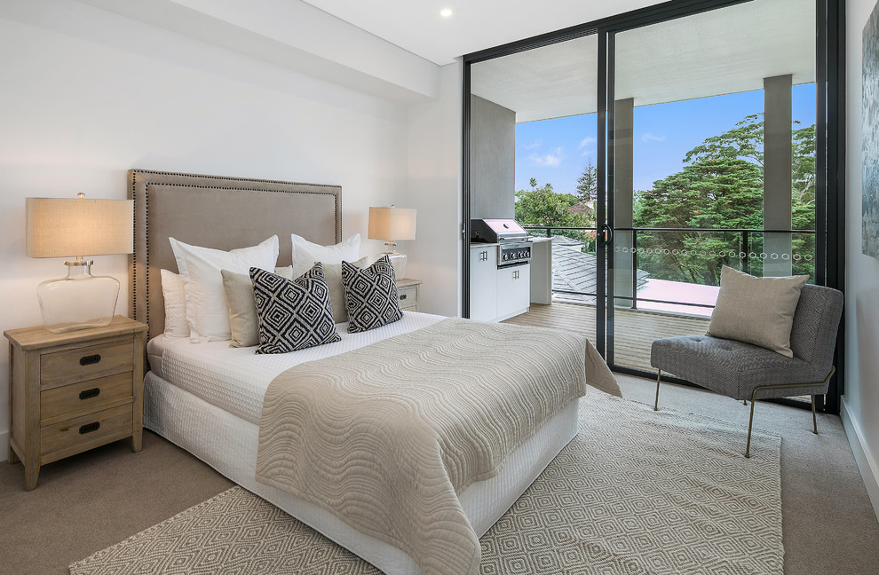 Bedroom - small transitional master carpeted and gray floor bedroom idea in Sydney with gray walls