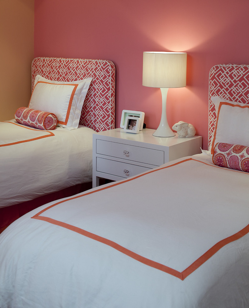 This is an example of a contemporary bedroom in San Francisco with pink walls.