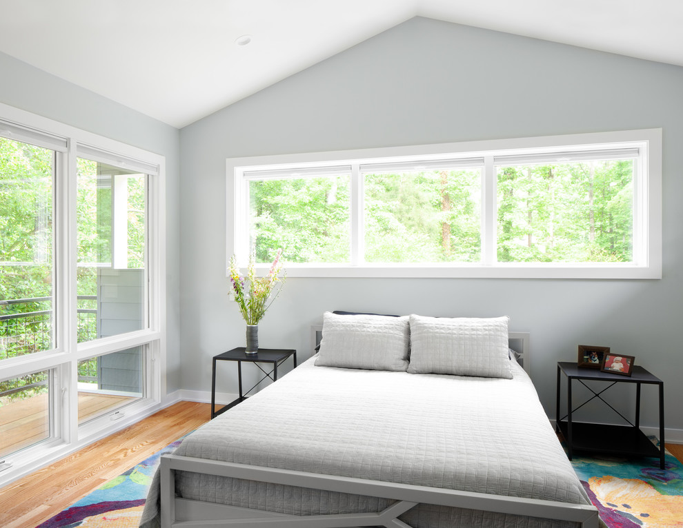 Esempio di una camera matrimoniale minimal di medie dimensioni con pareti blu e pavimento in legno massello medio