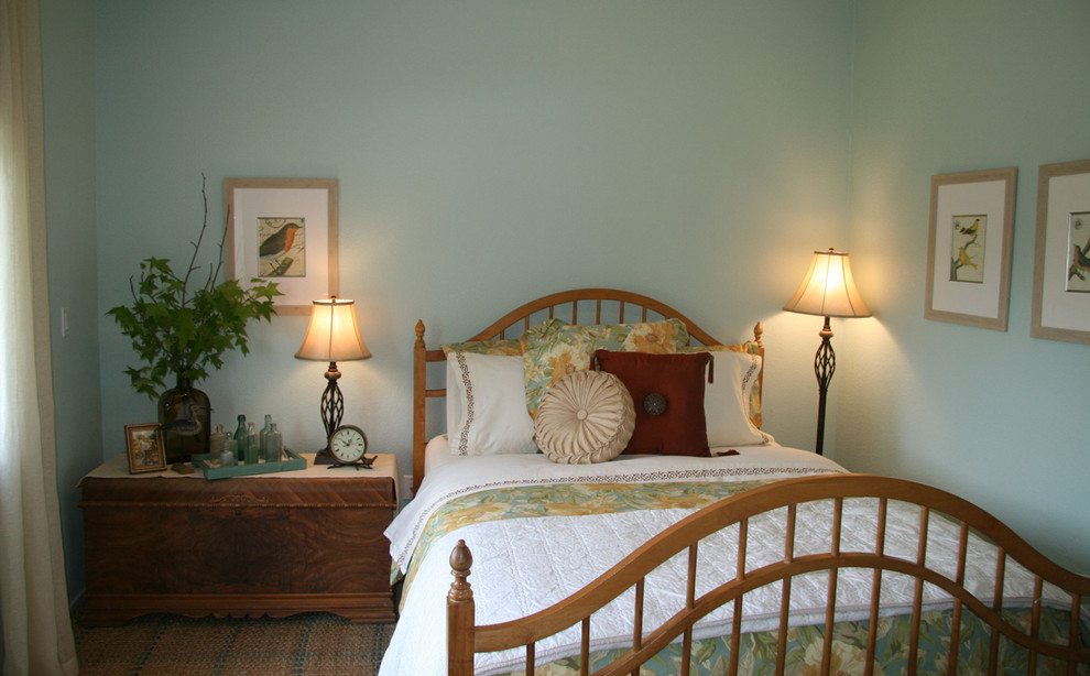 他の地域にある小さなトラディショナルスタイルのおしゃれな客用寝室 (青い壁、カーペット敷き、マルチカラーの床)
