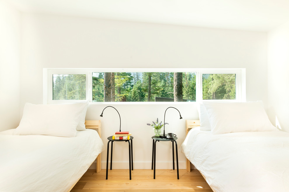Ispirazione per una piccola camera da letto stile loft rustica con pareti bianche e parquet chiaro