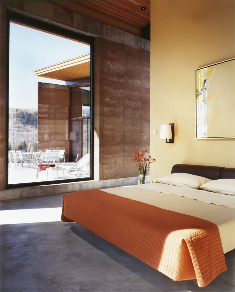 Mittelgroßes Modernes Hauptschlafzimmer mit gelber Wandfarbe und Betonboden in Sonstige