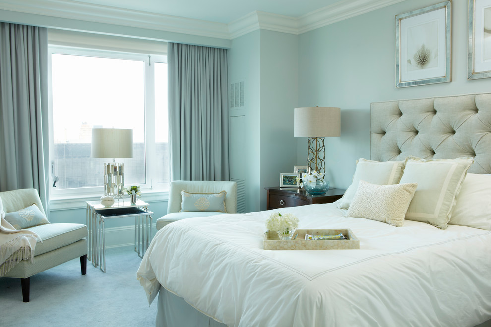 ニューヨークにある中くらいなトランジショナルスタイルのおしゃれな客用寝室 (青い壁、カーペット敷き、グレーとクリーム色)