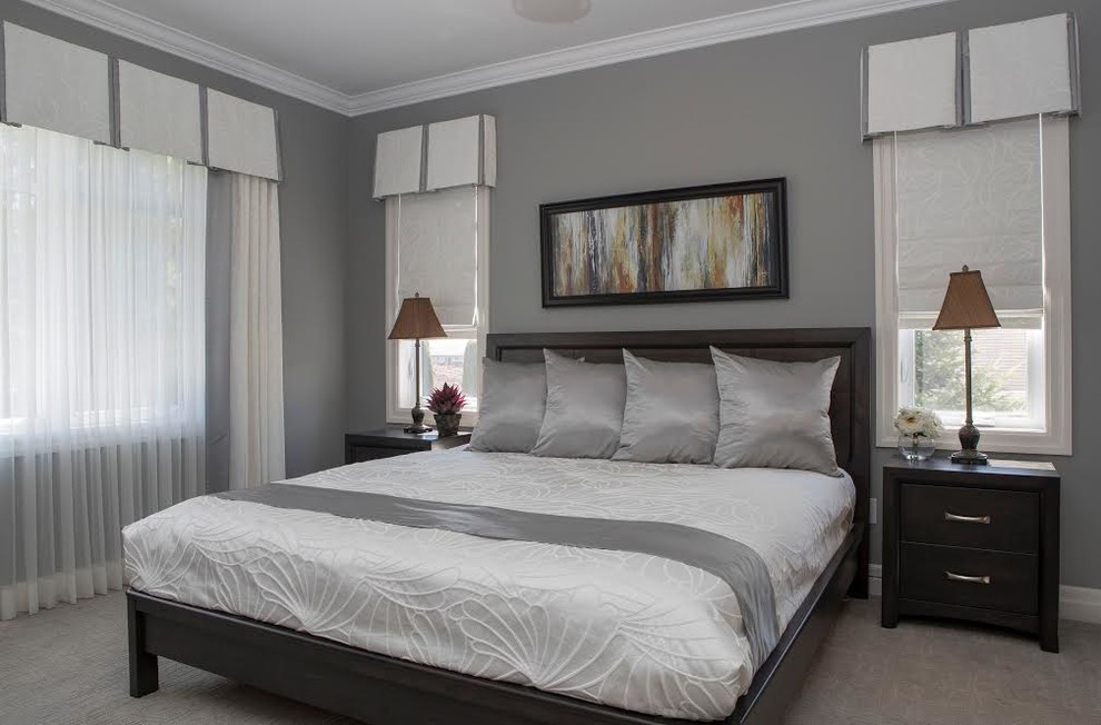 Design ideas for a medium sized classic master bedroom in Toronto with grey walls, carpet, no fireplace and grey floors.