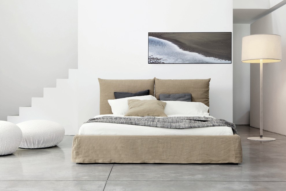 Свежая идея для дизайна: большая хозяйская спальня в современном стиле с белыми стенами, бетонным полом и серым полом - отличное фото интерьера
