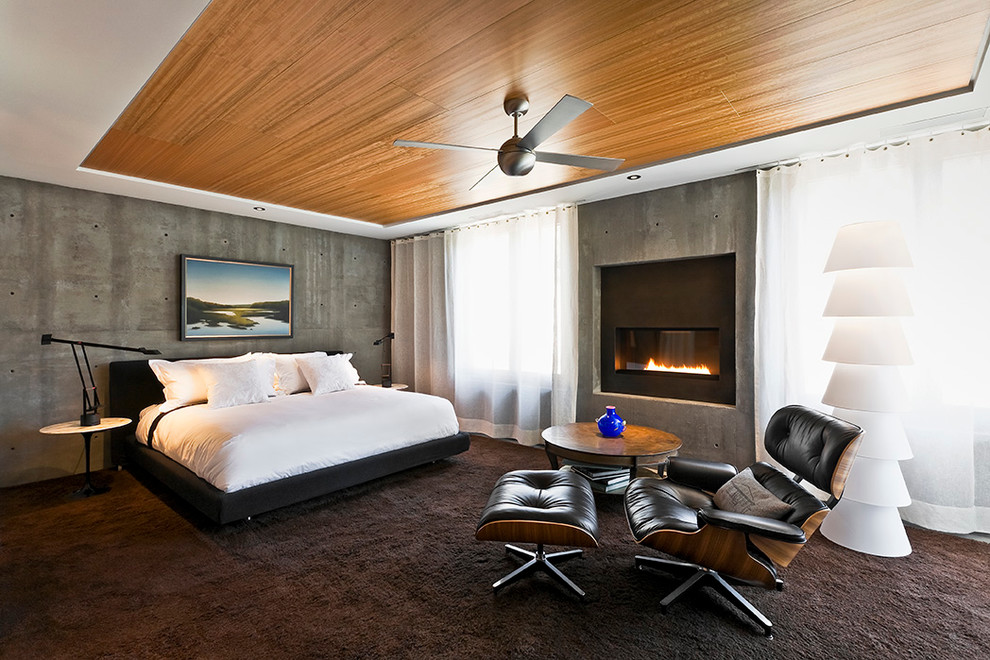 Uriges Schlafzimmer mit Teppichboden und Gaskamin in Santa Barbara