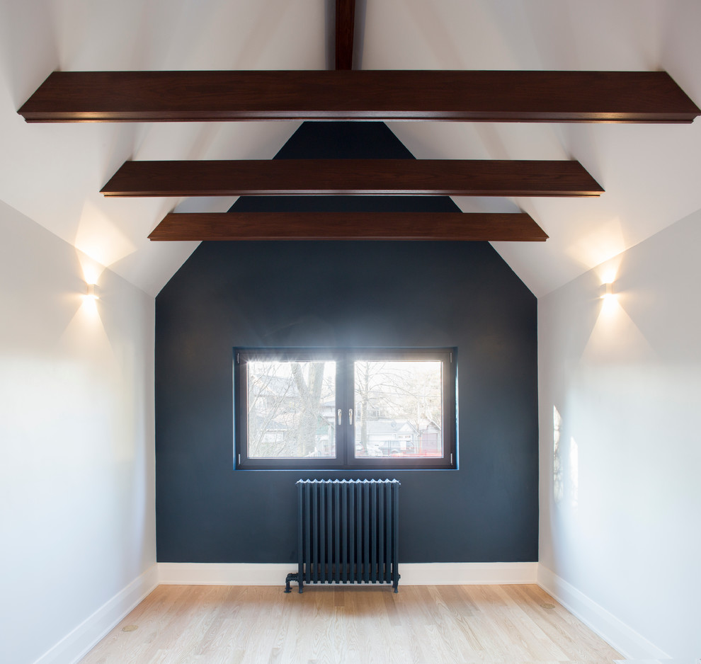 Imagen de habitación de invitados de estilo americano de tamaño medio sin chimenea con paredes negras y suelo de madera clara