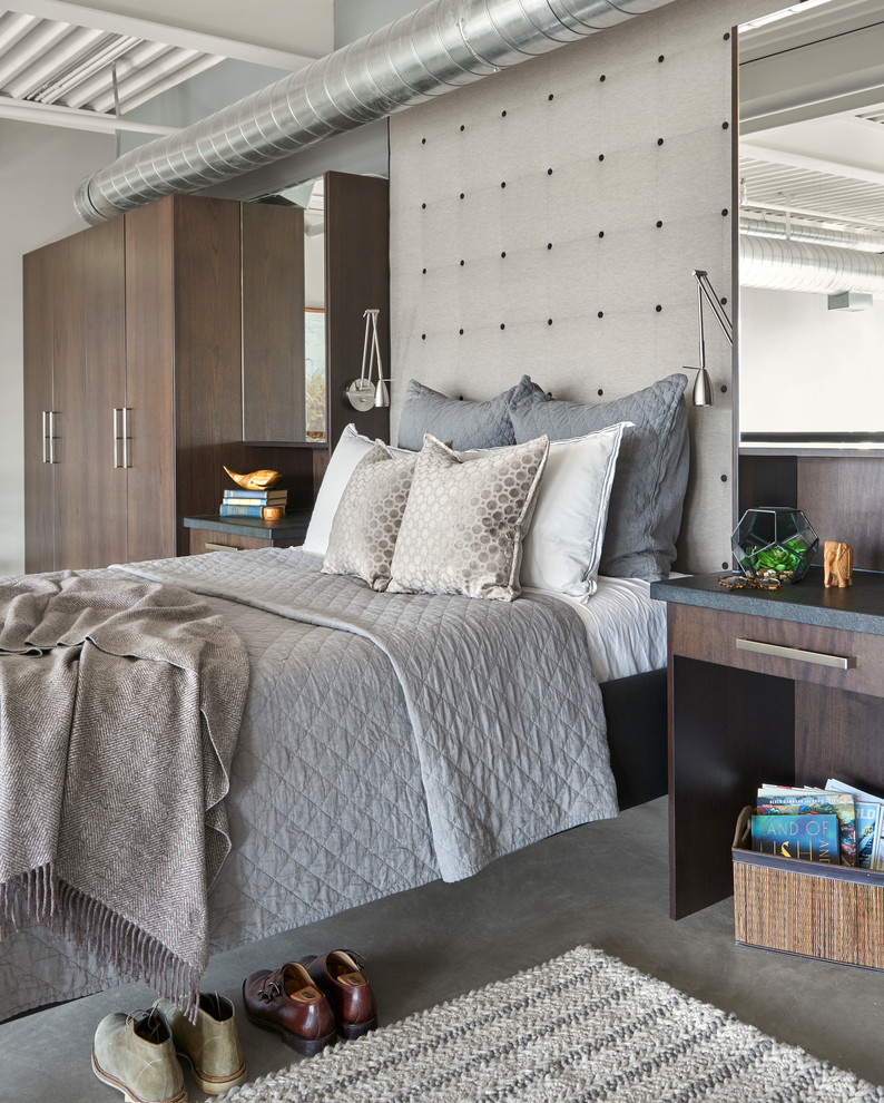 Idee per una camera da letto stile loft minimalista di medie dimensioni con pareti grigie, pavimento in cemento e pavimento grigio