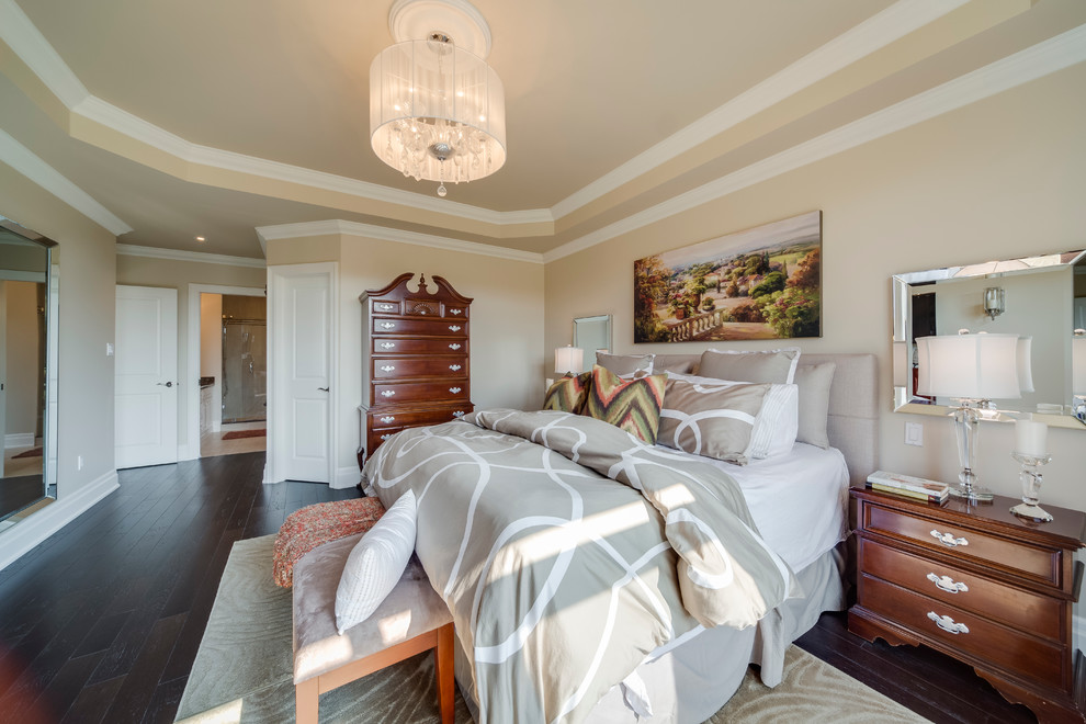 Design ideas for a classic bedroom in Vancouver with beige walls and dark hardwood flooring.