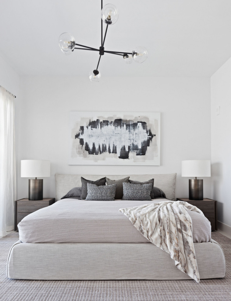 Modelo de dormitorio actual con paredes blancas y suelo gris