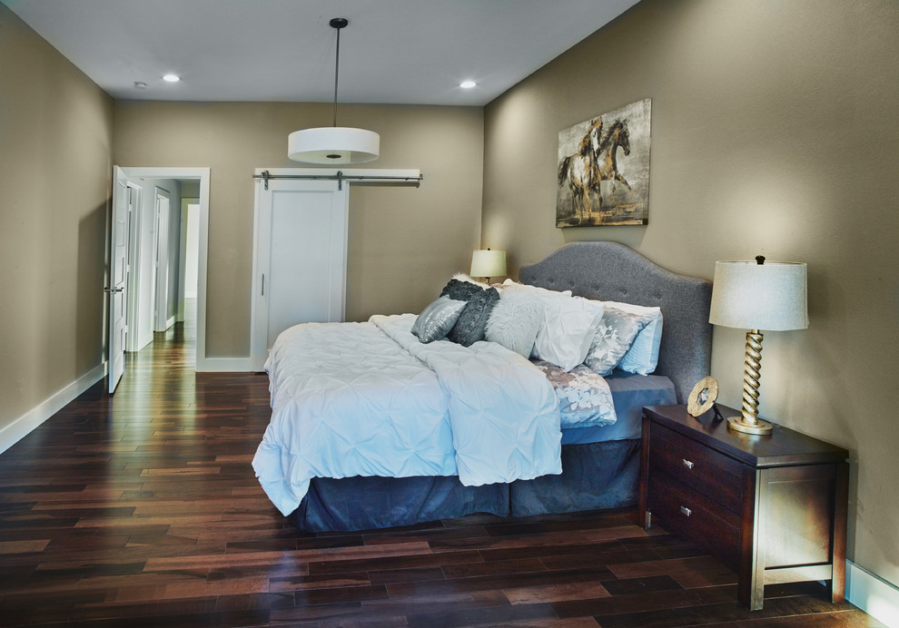 This is an example of a medium sized contemporary master bedroom in Dallas with grey walls, medium hardwood flooring and no fireplace.