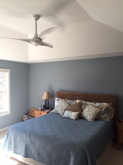 Diseño de dormitorio principal tradicional renovado de tamaño medio con paredes azules y moqueta