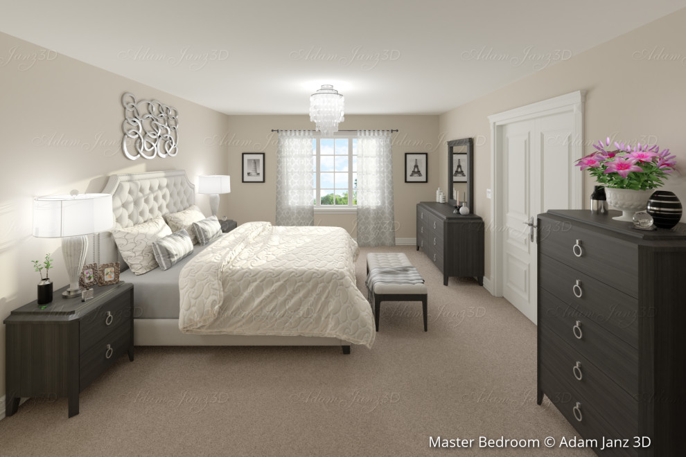 Пример оригинального дизайна: большая хозяйская спальня в стиле неоклассика (современная классика) с бежевыми стенами, ковровым покрытием и коричневым полом без камина