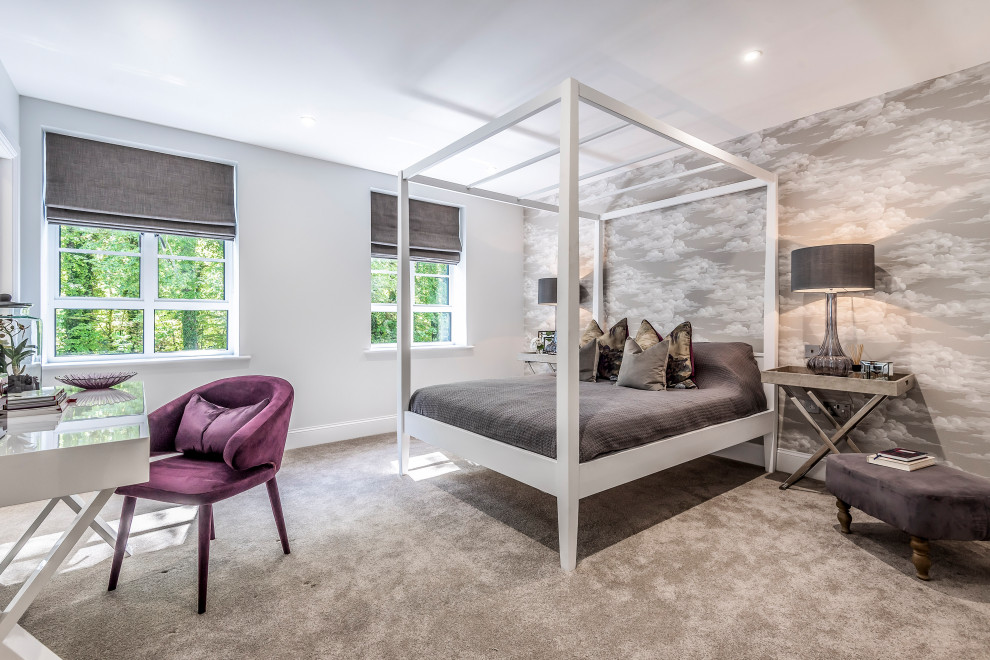 This is an example of a contemporary bedroom in Hampshire with grey walls, carpet and grey floors.