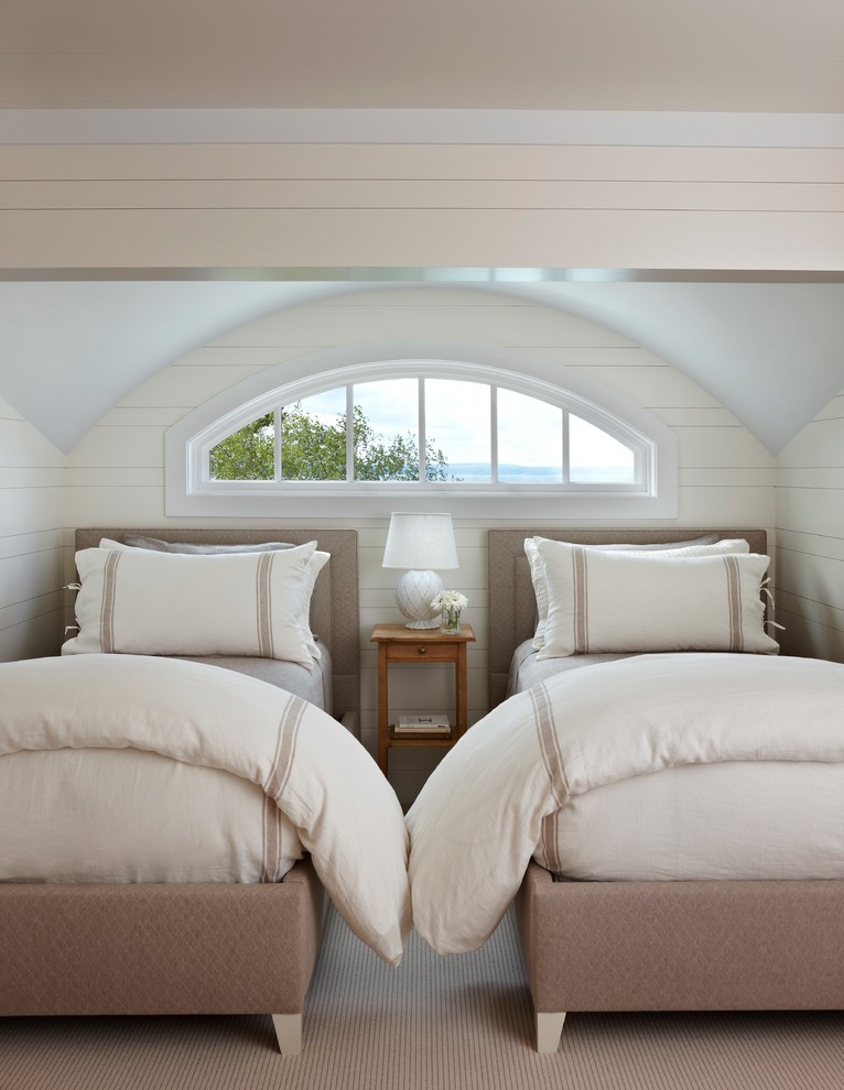 Bedroom - large traditional guest carpeted bedroom idea in Other with white walls