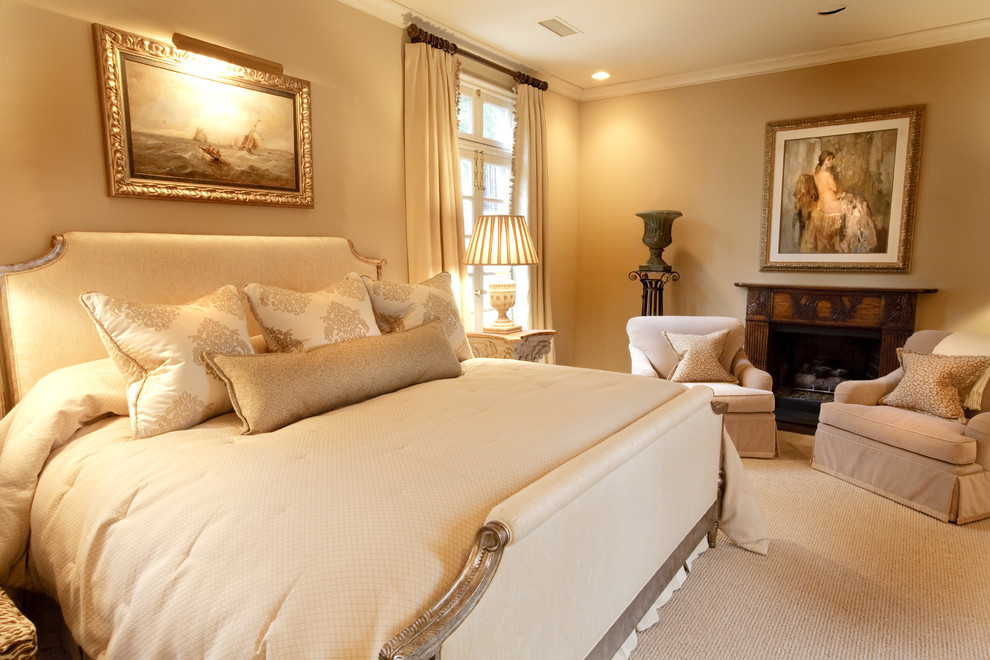 Design ideas for a traditional bedroom in Nashville with a wooden fireplace surround.