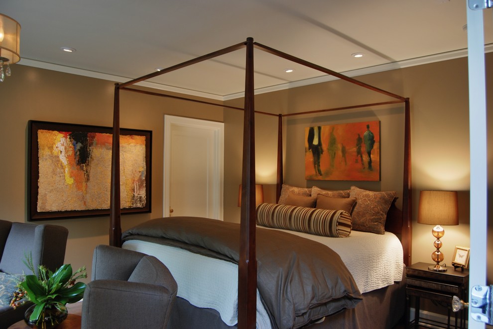 Large elegant master dark wood floor bedroom photo in Other with brown walls