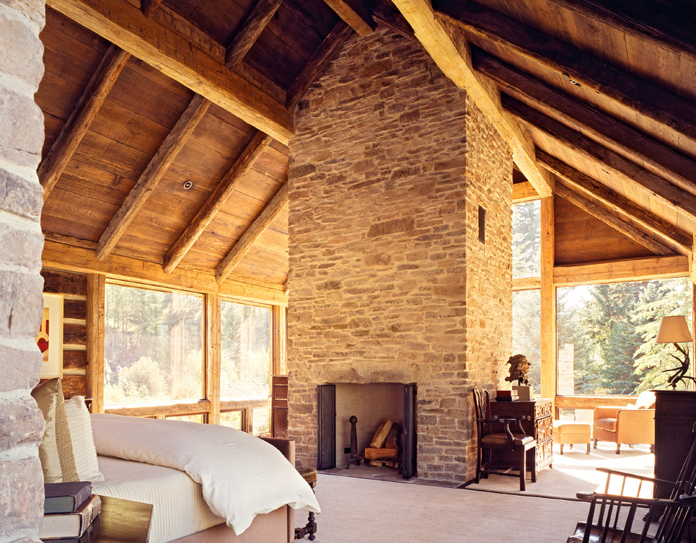 Design ideas for a traditional bedroom in Other with a standard fireplace and a stone fireplace surround.