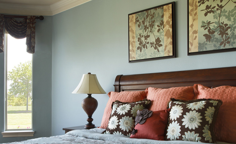 Example of a mid-sized classic guest bedroom design in Houston with blue walls