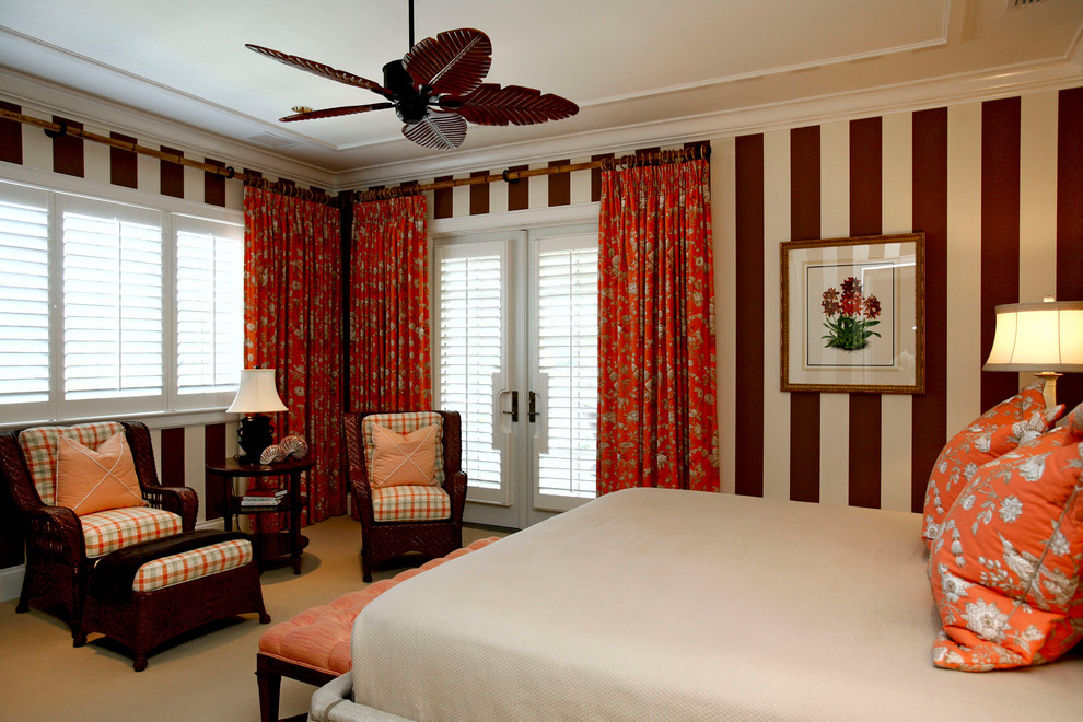Traditional guest bedroom in Other with brown walls, no fireplace and carpet.